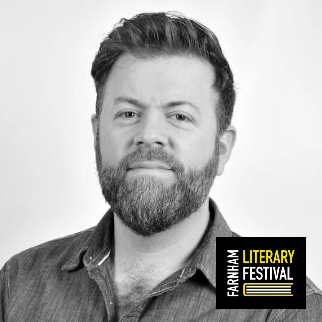 Image of male author in black and white with literary festival logo