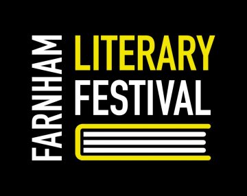 Farnham Literary Festival logo with the word farnham placed vertically and literary festival sitting on a closed book