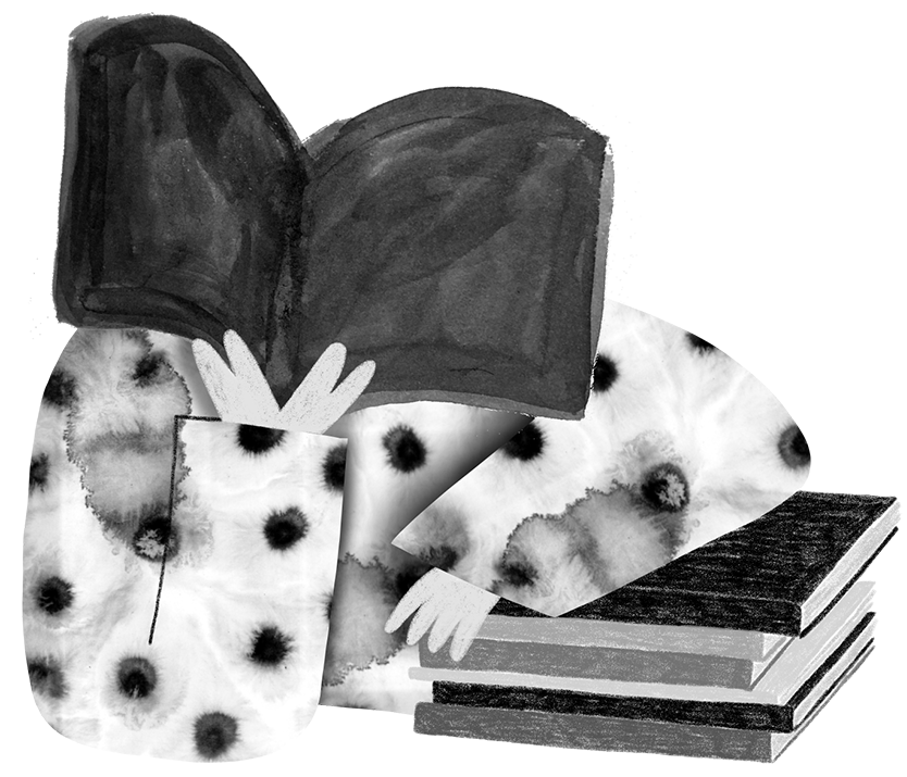 An illustration of a person holding an open book in front of their face with their other arm leaning on a stack of books