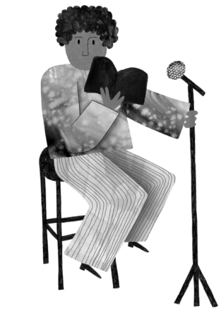 An illustration of a person sitting on a high chair with a book in their hands speaking into a microphone on a stand