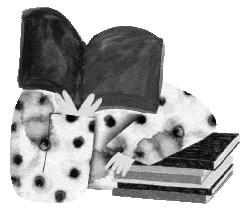 An illustration of a person holding an open book in front of their face with their other arm leaning on a stack of books