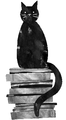 An illustration of a black cat sitting on a stack of books, animated